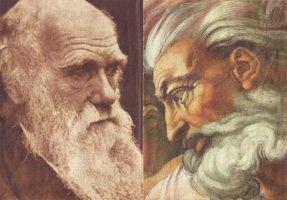facing images of Darwin and Michaelangelo's God